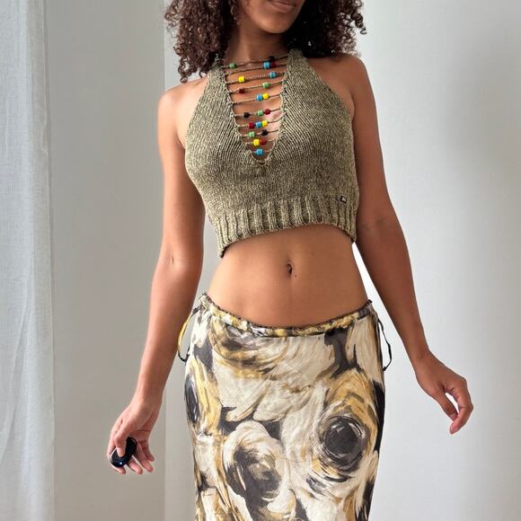 Vintage Miss Sixty Olive Knit Halter Top with Beaded Ladder Front (S) - Picture 1 of 15